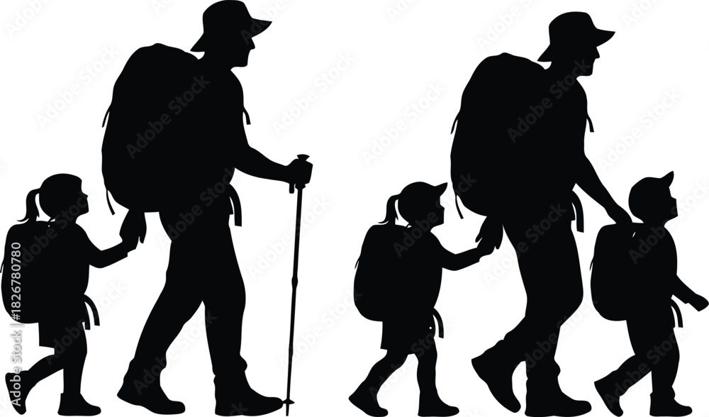 Obraz premium Father and children hiking adventure silhouette fatherhood family outdoor activity exploration journey vector