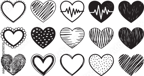Diverse handdrawn heart set showcases various designs, patterns, and line work conveying love and emotion