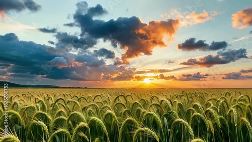 High resolution 4K footage of an ecological wheat field at sunset combining dramatic sky clouds and golden ripe crops ideal for agriculture nature or rural scenic stock videos