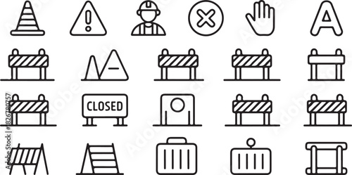 Diverse roadwork signs and symbols arrayed in black lines over transparent background