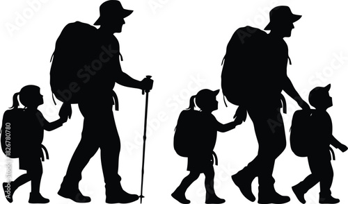 Father and children hiking adventure silhouette fatherhood family outdoor activity exploration journey vector