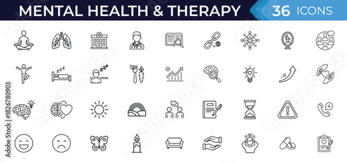 Mental health and therapy icon set. Wellness support, psychology, meditation, counseling, emotions, mindfulness, diagnosis, habits, recovery, stress relief illustration