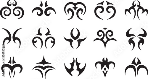 Fifteen unique bold tribal tattoo shapes arrayed in organized rows shine beautifully on white