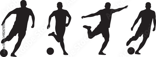 Four anonymous players in silhouette demonstrate diverse soccer actions and stances on a transparent background