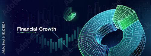 Business Data Analysis. Financial Growth Chart With Futuristic 3D Analytics Pie Chart And Digital Data Grid. Financial Graphs, Marketing, Stock Market Vector Illustration.