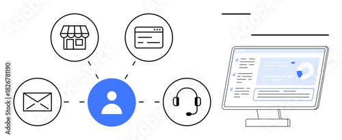 User at the center connected to store, website, email, support, and communication tools. Ideal for networking, digital marketing, CRM, support services customer focus technology seamless