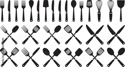 Kitchen tools featuring silhouettes of forks, spoons, knives, spatulas, and a whisk are displayed