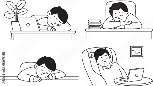 Line art depicts an exhausted person asleep in various places throughout their daily life