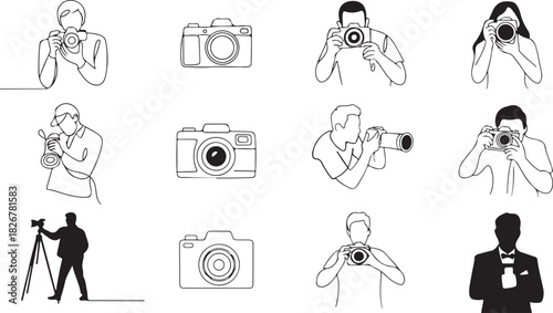 Line art depicts diverse people taking photos and camera icons against a transparent background