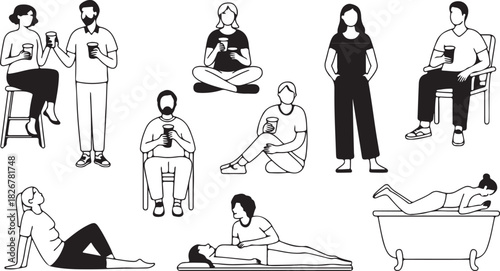 Line art shows diverse people relaxing, drinking, and enjoying spa treatments; transparent background