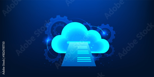 Cloud Computing Data Storage Technology Background with Secure Network Systems, Digital File Backup, Encrypted Information Management, Cybersecurity Protection, Document Access Across Connected Cloud