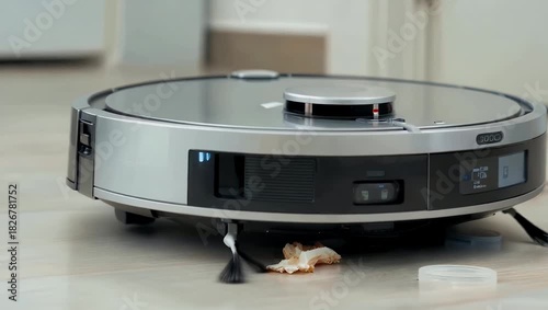 Technological 4K macro shot capturing a robot vacuum cleaner actively moving across the floor in a room and successfully picking up trash illustrating the concept of a smart home utilizing automated