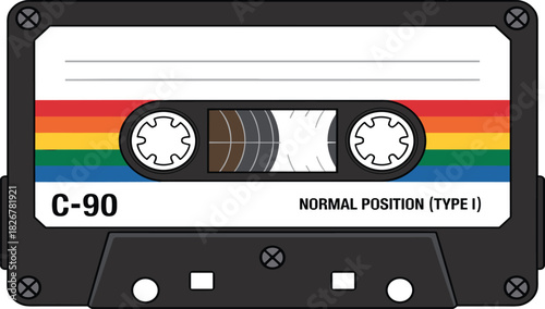 Vintage cassette tape, retro audio, analog music, magnetic tape, C-90 label, rainbow stripes, type I cassette, nostalgic media, black casing, old school sound