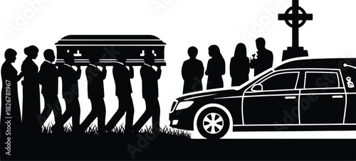 Funeral procession mourners carry coffin towards hearse with celtic cross gravestone vector