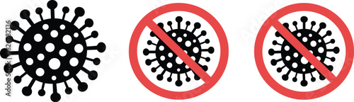 Virus icon set, prohibition symbols, health safety graphics, vector illustration, black and red design, infection prevention elements