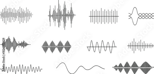 Waveform icon set, signal pattern graphics, audio wave illustrations, frequency modulation, vector design, sound analysis symbols