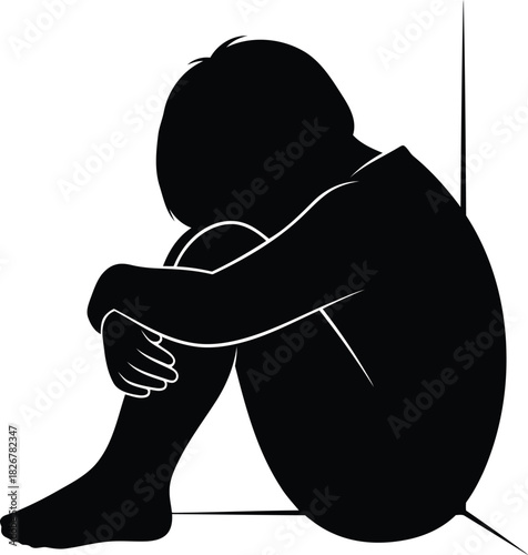 Silhouette of lonely child curled up in corner expressing sadness and isolation vector