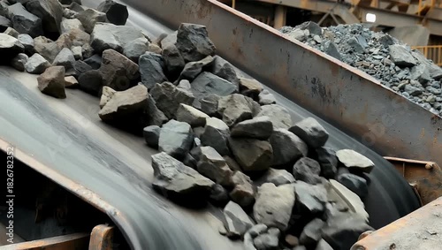 Industrial 4K Ultra HD mining close up video of granite grains falling down from a conveyor belt in a large mining quarry showing the grey crushed mineral ore moving on the production line of an