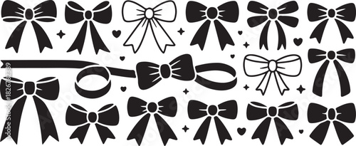Seamless pattern features a variety of black bow shapes amidst hearts and stars on white
