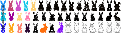 A colorful array of easter bunny silhouettes and decorated easter eggs arranged in neat rows and columns