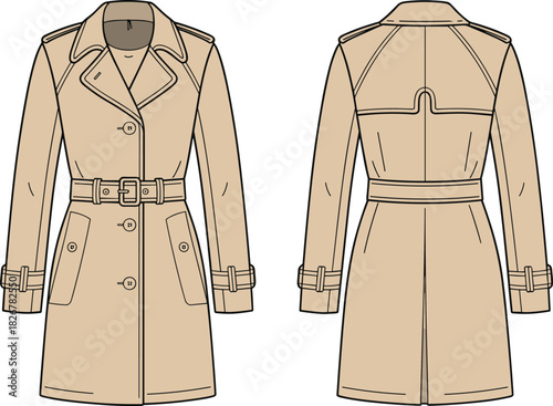 Classic trench coat, front view, back view, double-breasted design, fashion illustration, garment construction, coat template, outerwear sketch, belted 