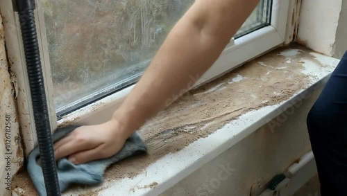 Cinematic 4K footage of a dirty window sill being cleaned with a microfiber cloth revealing dust and sand layers ideal for home cleaning lifestyle or DIY stock footage