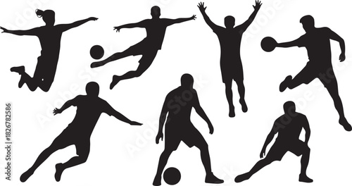 Silhouette figures demonstrate agility kicking and tossing soccer balls while playing on a field