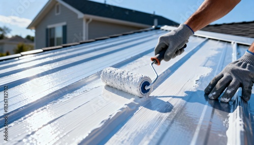 Medium shot capturing hands wearing gloves evenly spreading white reflective paint on residential roof for improved insulation and lower cooling costs