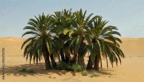 Dramatic 4K Ultra HD nature landscape video showcasing a vibrant lush cluster of palm trees managing to thrive in a barren desert setting where the sharp greenery contrasts sharply with the