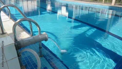Cinematic 4K overhead footage of clear water pouring out of a swimming pool drain revealing the blue tiled bottom of a public reservoir perfect for water pool or infrastructure stock videos