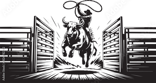 Silhouette shows a cowboy riding and jumping a bull through the gate with lasso