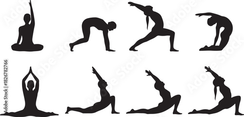 Silhouette displays a person practicing various yoga poses against a transparent background