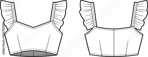 Crop top sketch, front view, back view, ruffled straps, princess seams, straight neckline, garment construction, fashion illustration, apparel template, 