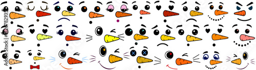 Illustration of many cartoon snowman faces with different accessories and facial expressions in a pattern