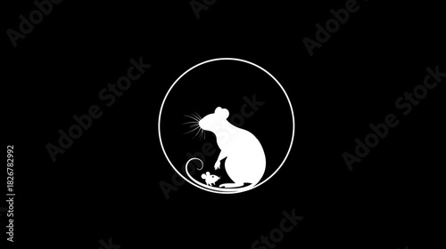 Minimalist graphic illustration of a white mouse or rat silhouette inside a circle on a black background