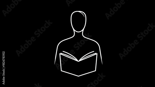 Minimalist line art illustration of a person reading an open book, symbolizing education, knowledge, and learning concept
