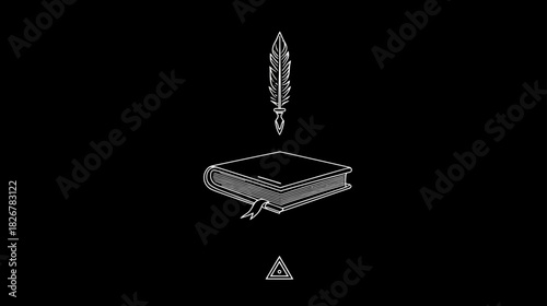 Conceptual line art: Quill pen, closed book, and abstract triangle on black background. Education, writing, knowledge symbol.