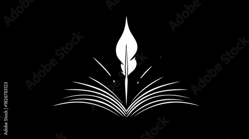 White open book with a glowing quill pen illustration on black, symbolizing knowledge, wisdom, education, and creative writing.