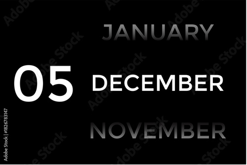 December 5 calendar with black background. A minimalist calendar template with well-structured date boxes and a sleek layout. This image is ideal for illustrating concepts such as time planning
