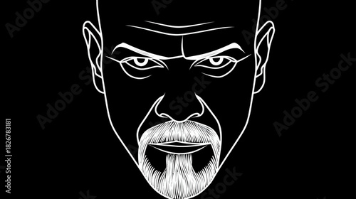 Striking Line Art Portrait of a Bald Man with a Goatee and Intense Gaze, White Outline on Black Background Illustration