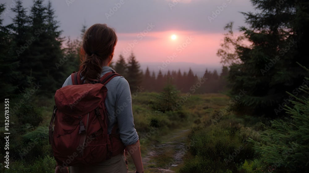Obraz premium A hiker with a backpack watches a pink sunset over a vast forest landscape at dusk