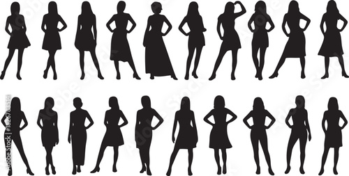 Twenty diverse women are showcased through captivating full body silhouette poses, showcasing style on transparent background