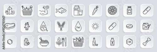 Nutrition and supplements line icon set. Vector pictograms of vitamins, minerals, protein, healthy food, nutrients, ingredients, diet elements, wellness items and health illustration