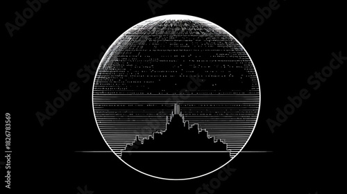 Abstract Digital Sphere: Futuristic Data Visualization & Sound Wave Graphic on Black Background for Technology Concept