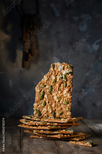 Pumpkin seed croutons on a rustic table