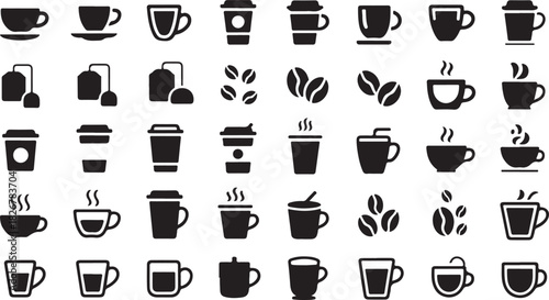 Various black coffee and tea icons showcase a range of beverage choices in simple shapes