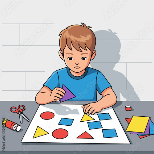 A focused young boy with brown hair and a blue shirt doing a paper craft with colorful geometric shapes.