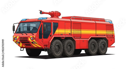 A large, red fire truck with multiple wheels and a water cannon, ready for emergency response.