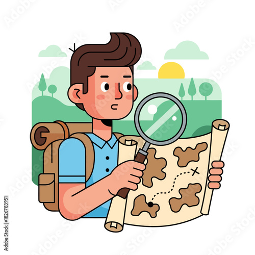 Illustrated male explorer with backpack, holding magnifying glass and rolled treasure map.