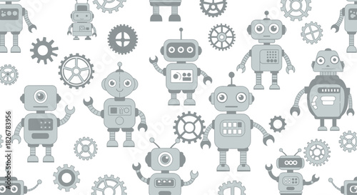 Cute Robot Characters Seamless Pattern with Gears